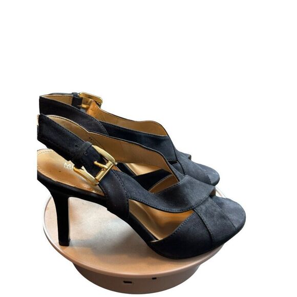 Michael Kors 6M Women's Black Suede Peep-Toe Slingback Heels With Gold Buckle - Picture 3 of 13